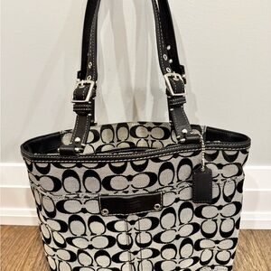 Coach Black & Grey Signature Canvas Tote with Leather Trim